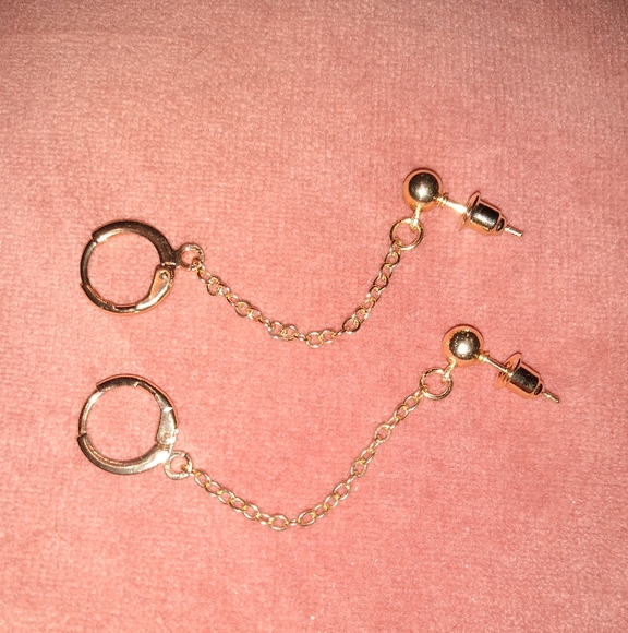 Gold Double Pierced Ears Connected Earrings Chain Hoops Piercing Hoop Studs - Picture 2 of 11